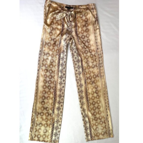 Vintage Y2k 100% Silk Stretch Pants Size 12 Boho Tie Front Straight Leg - Picture 1 of 13